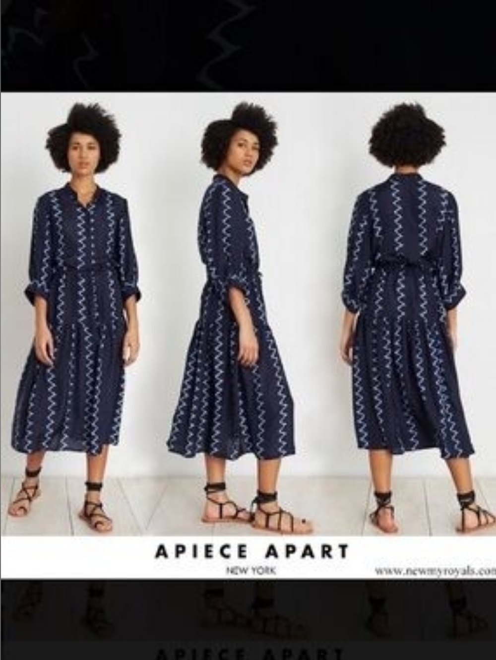 Apiece Apart Navy Zigzag Midi Silk Dress with Tie Waist 4 - Picture 3 of 10